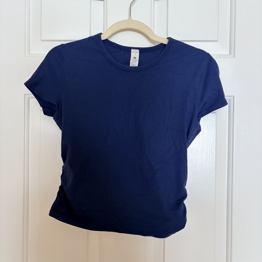 Lululemon All It Takes Back-Twist Ribbed Short-Sleeve Shirt in Club Blue EUC - Picture 2 of 6